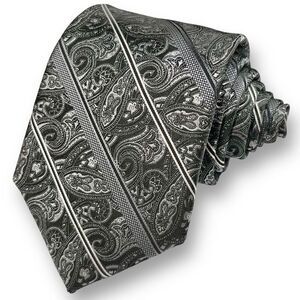 PLATINUM DESIGNS Men’s Washable Black/Silver Paisley Striped 100% Polyester Tie